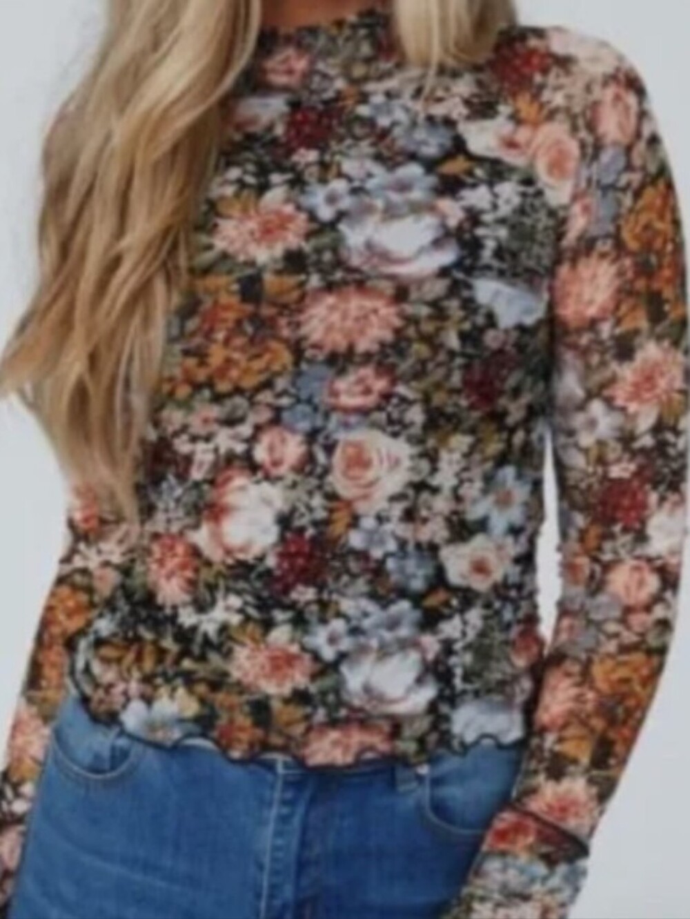 Floral Mock Neck Mesh Light Weight Long-Sleeve Top